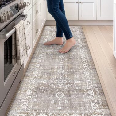 DEXI Kitchen Floor Mats Cushioned Anti Fatigue, 23x86 Long Wide Standing Comfort Runner Rug, Waterproof Retro Floral Memory Foam Padded for Front Sink Laundry, Grey Floral