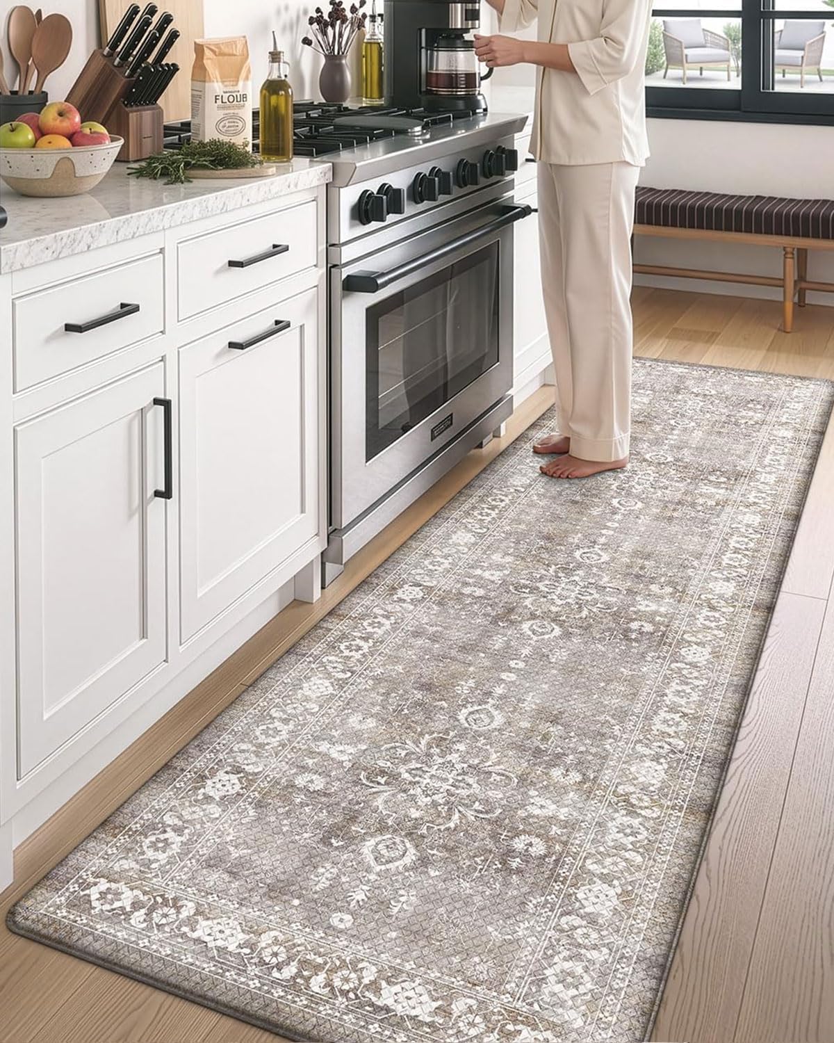 DEXI Kitchen Floor Mats Cushioned Anti Fatigue, 23x86 Long Wide Standing Comfort Runner Rug, Waterproof Retro Floral Memory Foam Padded for Front Sink Laundry, Grey Floral - Image 3