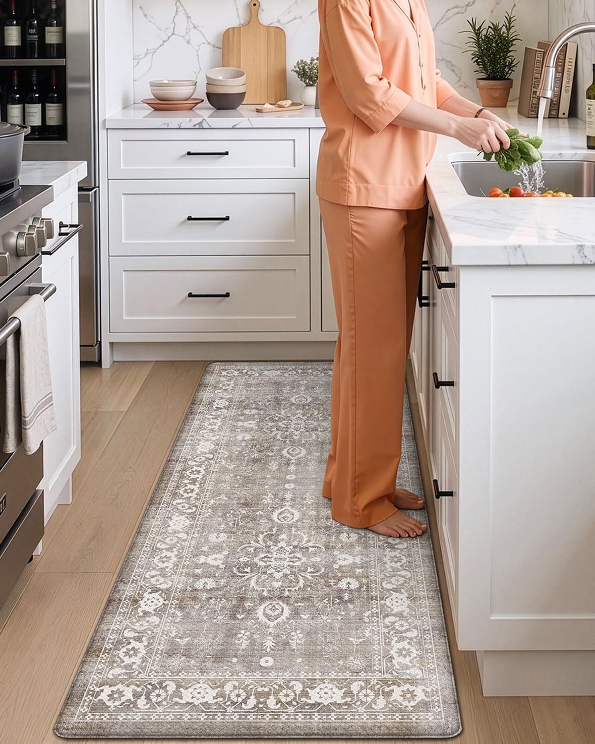 DEXI Kitchen Floor Mats Cushioned Anti Fatigue, 23x86 Long Wide Standing Comfort Runner Rug, Waterproof Retro Floral Memory Foam Padded for Front Sink Laundry, Grey Floral - Image 4