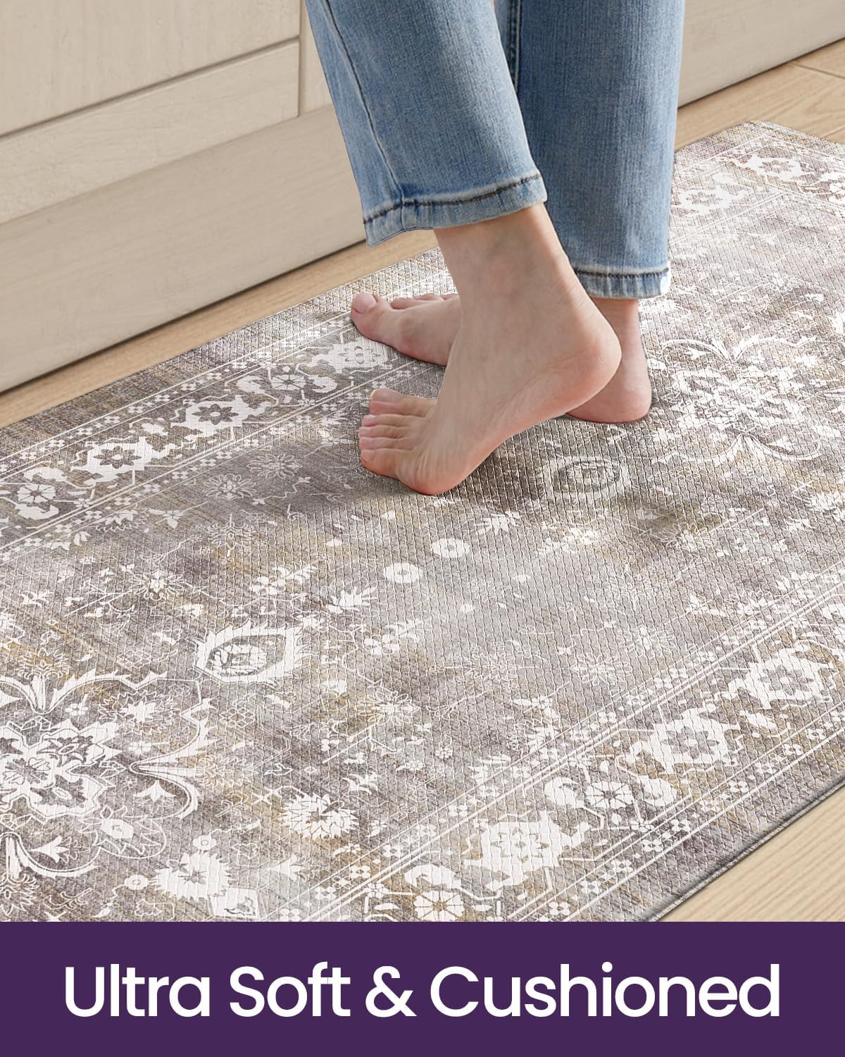 DEXI Kitchen Floor Mats Cushioned Anti Fatigue, 23x86 Long Wide Standing Comfort Runner Rug, Waterproof Retro Floral Memory Foam Padded for Front Sink Laundry, Grey Floral - Image 6