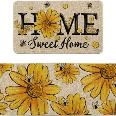 Artoid Mode Beige Bee Sunflower Daisy Home Spring Kitchen Mats Set of 2, Summer Home Decor Low-Profile Kitchen Rugs for Floor - 17x29 and 17x47 Inch