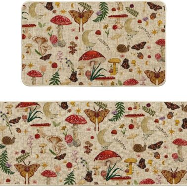 Artoid Mode Mushrooms Butterfly Spring Kitchen Mats Set of 2, Home Decor Low-Profile Kitchen Rugs for Floor - 17x29 and 17x47 Inch