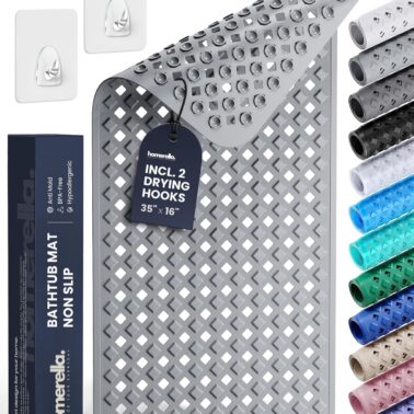 Bathtub Mat Non Slip 35x16 - homerella® Bath Mat Incl. Hooks for Drying, Extra Long, 100% BPA Free, Shower Mat Non Slip Anti Mold, Machine Washable, Shower Mats for Inside Shower Mildew Resistant